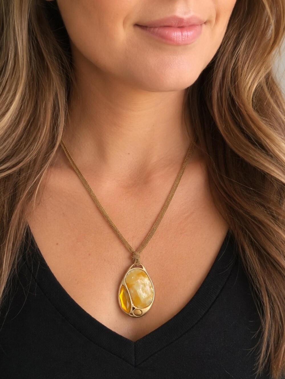 Lia Sophia Golden Colored Stone Pendant Necklace